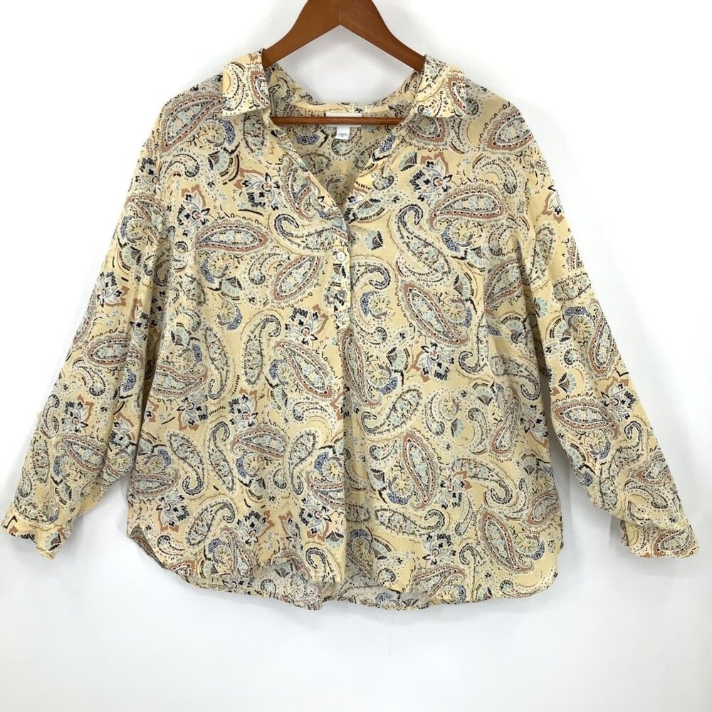 J.Jill Women's Yellow Paisley Blouse 2X Roll Tab Sleeve V-Neck Top